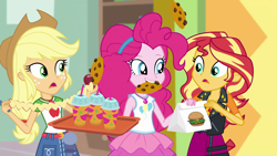 Size: 1920x1080 | Tagged: safe, screencap, applejack, pinkie pie, sunset shimmer, a fine line, equestria girls, equestria girls series, apple, cookie, fast food, food, geode of empathy, geode of sugar bombs, geode of super strength, juice, magical geodes