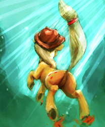 Size: 2815x3376 | Tagged: safe, artist:sharpieboss, applejack, earth pony, pony, crepuscular rays, featureless crotch, jumping, plot, raised tail, rear view, solo, underhoof