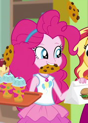 Size: 773x1079 | Tagged: safe, screencap, pinkie pie, sunset shimmer, a fine line, better together, equestria girls, burger, cheeseburger, cookie, cropped, cute, diapinkes, drink, female, food, geode of sugar bombs, hamburger, headband, magical geodes, offscreen character, smiling