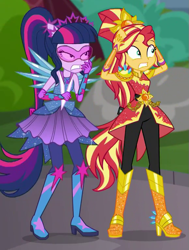 Size: 579x765 | Tagged: safe, screencap, sunset shimmer, twilight sparkle, better together, equestria girls, super squad goals, crystal guardian, ponied up, shocked