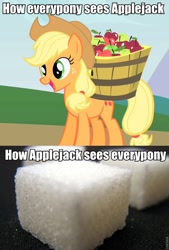 Size: 648x960 | Tagged: safe, edit, edited screencap, screencap, applejack, earth pony, pony, feeling pinkie keen, adorawat, apple, bucket, cute, food, image macro, meme, open mouth, smiling, solo, stereotype, sugarcube, wat