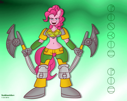 Size: 5000x4000 | Tagged: safe, artist:scobionicle99, pinkie pie, anthro, absurd resolution, armor, belly button, bionicle, crossover, lego, lewa, midriff, solo, unconvincing armor, weapon