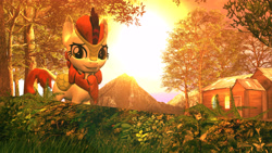 Size: 5600x3150 | Tagged: safe, artist:backmaker, autumn blaze, kirin, sounds of silence, 3d, forest, house, mountain, sky, source filmmaker