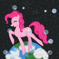 Size: 960x960 | Tagged: safe, artist:wasure198, pinkie pie, earth pony, pony, bubble, cloud, cloudy, earth, fireworks, stars