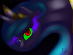 Size: 800x600 | Tagged: safe, artist:sonidovazquez, princess celestia, alicorn, pony, bust, correstia, corrupted, corrupted celestia, corruptia, dark magic, magic, possessed, possesstia, solo, sombra eyes