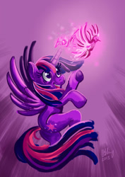 Size: 700x989 | Tagged: safe, artist:projectzuel, derpibooru import, twilight sparkle, twilight sparkle (alicorn), alicorn, bird, pony, female, magic, mare, patronus, solo