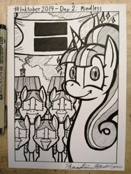 Size: 1560x2080 | Tagged: safe, artist:kuutticomics, starlight glimmer, earth pony, pony, unicorn, the cutie map, equal cutie mark, equalized, female, grin, inktober, inktober 2019, irl, male, mare, mind control, our town, photo, s5 starlight, signature, smiling, stallion, this will end in communism, traditional art