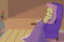 Size: 977x649 | Tagged: safe, artist:lifesharbinger, fluttershy, pegasus, pony, blanket, chair, comfy, cup, fireplace, flower, sofa, solo