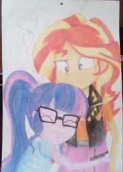 Size: 1371x1920 | Tagged: safe, artist:jeqdor, midnight sparkle, sci-twi, sunset shimmer, twilight sparkle, better together, equestria girls, confused, glasses, photo, scared, sketch, traditional art