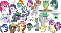 Size: 1280x700 | Tagged: safe, artist:vbronny, derpibooru import, dj pon-3, flitter, fluttershy, pinkie pie, princess celestia, rainbow dash, rarity, vinyl scratch, oc, alicorn, butterfly, cow, earth pony, ghost, pegasus, pony, unicorn, bow, ear piercing, eyes closed, female, floppy ears, grin, hair bow, hooves, horn, jewelry, male, mare, open mouth, piercing, plushie, regalia, simple background, smiling, stallion, standing, tiara, ufo, white background