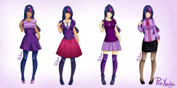 Size: 2100x1050 | Tagged: safe, artist:pinkxombie, derpibooru import, twilight sparkle, human, clothes, fashion, humanized, light skin, mary janes, moderate dark skin, skirt