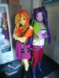 Size: 2976x3968 | Tagged: safe, artist:doitzel1, artist:mimickig, aria blaze, sunset shimmer, human, equestria girls, boots, clothes, colourful, corset, cosplay, costume, duo, irl, irl human, jacket, kigurumi, meeting, pants, photo, purple, shoes, skirt, tough, yellow