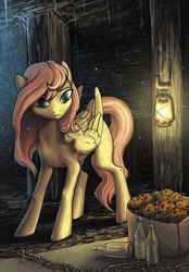 Size: 1024x1468 | Tagged: safe, artist:koviry, fluttershy, pegasus, pony, bottle, cave, chains, fanfic art, female, folded wings, lantern, looking at something, looking down, mare, mine, muffin, solo, three quarter view, wings