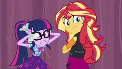 Size: 1280x720 | Tagged: safe, screencap, sci-twi, sunset shimmer, twilight sparkle, better together, equestria girls, stressed in show, geode of telekinesis, magical geodes