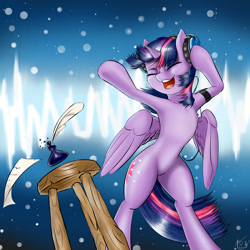 Size: 1600x1600 | Tagged: safe, artist:captainpudgemuffin, derpibooru import, twilight sparkle, twilight sparkle (alicorn), alicorn, pony, bipedal, dancing, female, headphones, inkwell, mare, music, quill, solo