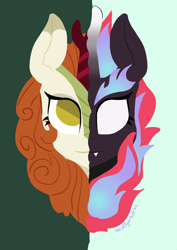 Size: 1684x2382 | Tagged: safe, artist:darkestsunset, autumn blaze, kirin, nirik, sounds of silence, bust, duality, female, head only, no pupils, split screen, two sided posters