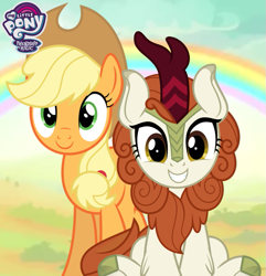 Size: 835x865 | Tagged: safe, artist:jhayarr23, derpibooru import, edit, applejack, autumn blaze, earth pony, kirin, pony, sounds of silence, autumnjack, awwtumn blaze, background pony, cute, duo, female, friendship, jackabetes, lesbian, shipping, smiling, vector