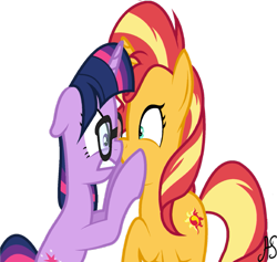 Size: 919x870 | Tagged: safe, artist:sparkling-sunset-s08, sci-twi, sunset shimmer, twilight sparkle, pony, unicorn, better together, equestria girls, spring breakdown, cutie mark, equestria girls ponified, female, glasses, mare, ponified, simple background, transparent background, unicorn sci-twi, wrong aspect ratio