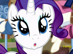 Size: 961x709 | Tagged: safe, screencap, rarity, pony, unicorn, the saddle row review, :o, cute, discovery family logo, female, mare, open mouth, raribetes