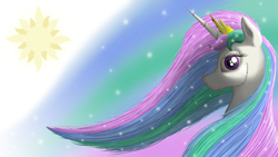 Size: 3840x2160 | Tagged: safe, artist:bcrich40, princess celestia, alicorn, pony, female, horn, mare, multicolored mane, solo, wallpaper, white coat