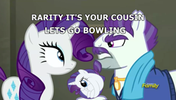 Size: 1411x807 | Tagged: safe, edit, edited screencap, screencap, mr. stripes, rarity, earth pony, pony, unicorn, the saddle row review, bowling, clothes, cutie mark, diamonds, discovery family, discovery family logo, exploitable meme, female, grand theft auto, gta iv, horn, image macro, jewelry, male, mare, meme, necklace, rariball, roman bellic, stallion, suit, text, text edit, watermark