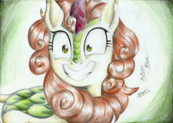 Size: 1280x909 | Tagged: safe, artist:3500joel, autumn blaze, kirin, sounds of silence, awwtumn blaze, colored pencil drawing, cute, faic, grin, smiling, solo, traditional art