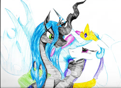 Size: 1024x745 | Tagged: safe, artist:missivoryrainbow, princess celestia, queen chrysalis, alicorn, changeling, changeling queen, pony, taunting, traditional art, watermark