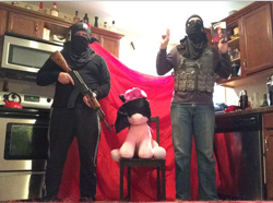 Size: 774x576 | Tagged: safe, daring do, pinkie pie, human, abuse, ak, ak-47, alcohol, assault rifle, blindfold, book, gun, hostage, irl, irl human, islamic state, oh no, parody, photo, pinkiebuse, rifle, sunglasses, weapon