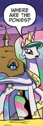 Size: 263x763 | Tagged: safe, idw, princess celestia, alicorn, pony, confused, frown, open mouth, question, raised hoof, reaction image, solo, speech bubble