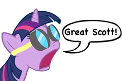 Size: 803x532 | Tagged: safe, derpibooru import, twilight sparkle, back to the future, doc brown, goggles, great scott, reaction image, solo