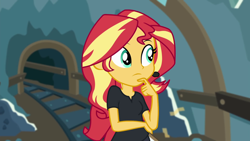 Size: 1920x1080 | Tagged: safe, screencap, sunset shimmer, all the world's off stage, better together, equestria girls, cyoa, headset, solo