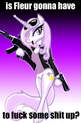 Size: 660x1000 | Tagged: safe, derpibooru import, fleur-de-lis, pony, bipedal, dual wield, gun, pistol, rifle, saints row, vulgar, weapon