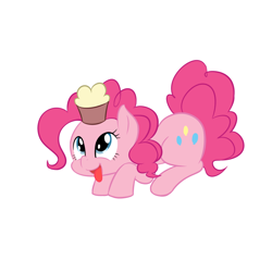 Size: 1024x1024 | Tagged: safe, artist:congee-painting, pinkie pie, earth pony, pony, cupcake, cute, diapinkes, eyes on the prize, female, looking at something, mare, open mouth, prone, simple background, solo, tongue out, white background