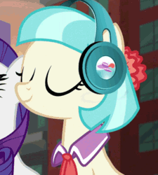 Size: 858x954 | Tagged: safe, edit, edited screencap, screencap, coco pommel, rarity, pony, unicorn, made in manehattan, animated, cocobetes, cute, eyes closed, headbob, headphones, loop, necktie, nodding, party hard, party soft, smiling, solo focus