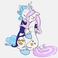 Size: 1230x1225 | Tagged: safe, artist:frankilew, derpibooru import, fancypants, fleur-de-lis, unicorn, blushing, eyes closed, fancyfleur, female, hug, male, shipping, straight