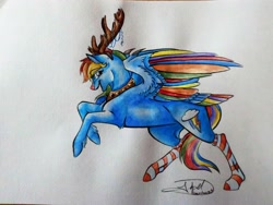 Size: 4320x3240 | Tagged: safe, artist:artmadebyred, derpibooru import, rainbow dash, pegasus, pony, absurd resolution, christmas, clothes, colored wings, holiday, multicolored wings, rearing, reindeer dash, rudolph dash, rudolph nose, signature, socks, solo, striped socks, traditional art