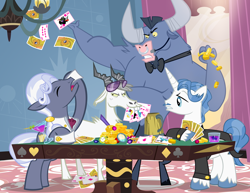 Size: 1000x773 | Tagged: safe, artist:pixelkitties, derpibooru import, fancypants, hoity toity, iron will, king sombra, goat, pony, unicorn, bits, fake screencap, playing card, voice actor joke