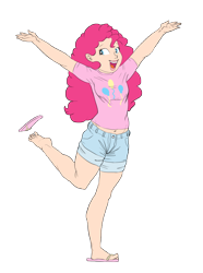 Size: 3334x4472 | Tagged: safe, artist:carnifex, pinkie pie, human, absurd resolution, barefoot, belly button, clothes, feet, humanized, midriff, one shoe off, open mouth, sandals, shorts, simple background, solo, transparent background