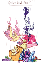 Size: 1000x1481 | Tagged: safe, artist:eqq_scremble, derpibooru exclusive, derpibooru import, applejack, fluttershy, pinkie pie, rainbow dash, rarity, spike, twilight sparkle, twilight sparkle (alicorn), alicorn, dragon, earth pony, pegasus, pony, unicorn, alternate design, applejack's hat, colored hooves, cowboy hat, eqqverse, falling, hat, mane six, next generation, ouch, pony pile, tongue out, winged spike