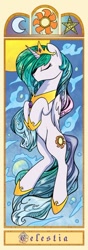 Size: 286x813 | Tagged: safe, artist:yukandasama, princess celestia, alicorn, pony, bookmark, crescent moon, eyes closed, moon, solo, stars, sun