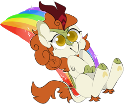 Size: 806x676 | Tagged: safe, artist:incubugs, autumn blaze, kirin, sounds of silence, awwtumn blaze, chibi, colored pupils, cute, female, rainbow, requested art, simple background, solo, transparent background