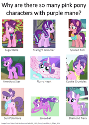 Size: 912x1273 | Tagged: safe, edit, edited screencap, screencap, amethyst star, cookie crumbles, diamond tiara, princess flurry heart, screwball, sparkler, spoiled rich, starlight glimmer, sugar belle, suri polomare, alicorn, earth pony, pony, unicorn, crusaders of the lost mark, hard to say anything, inspiration manifestation, rarity takes manehattan, the crystalling, the cutie map, the return of harmony, clothes, comparison, cropped, female, filly, foal, mare