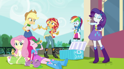 Size: 1280x717 | Tagged: safe, derpibooru import, screencap, applejack, fluttershy, pinkie pie, rainbow dash, rarity, spike, spike the regular dog, sunset shimmer, dog, dance magic, equestria girls, spoiler:eqg specials, female, male, orange soda