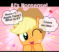 Size: 1600x1400 | Tagged: safe, artist:s.guri, applejack, earth pony, pony, americano exodus, cute, happy, heart, looking at you, open mouth, parody, smiling, solo, stars, uvula, vector, wink