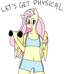 Size: 643x724 | Tagged: safe, fluttershy, anthro, belly button, blushing, clothes, midriff, solo, sports bra, weight lifting, workout outfit