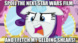 Size: 575x323 | Tagged: safe, edit, edited screencap, screencap, rarity, pony, unicorn, the saddle row review, angry, caption, carousel boutique, floppy ears, gelding, image macro, implied castration, meme, newspaper, no spoilers, obligatory pony, star wars, threat, warning