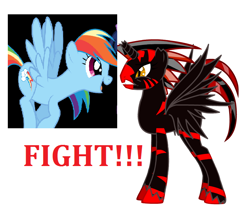 Size: 768x642 | Tagged: safe, derpibooru import, rainbow dash, oc, alicorn, pegasus, pony, pony creator, alicorn oc, angry, edgy, fight, red and black oc, simple background, wat, white background