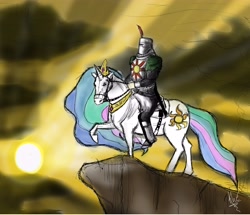 Size: 5904x5080 | Tagged: safe, artist:ohiekhe, princess celestia, alicorn, horse, pony, absurd resolution, cliff, dark souls, fantasy class, horsified, humans riding horses, humans riding ponies, knight, solaire of astora, sunset, warrior