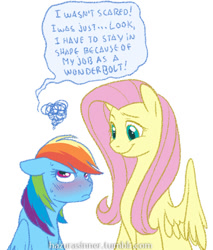 Size: 500x586 | Tagged: safe, artist:hazurasinner, derpibooru import, fluttershy, rainbow dash, pegasus, pony, blatant lies, blushing, denial, embarrassed, size difference, smiling, text