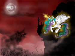 Size: 1600x1200 | Tagged: safe, artist:vanezaescobedo, princess celestia, alicorn, pony, canterlot, flying, magic, mare in the moon, mist, monster, moon, smoke, solo